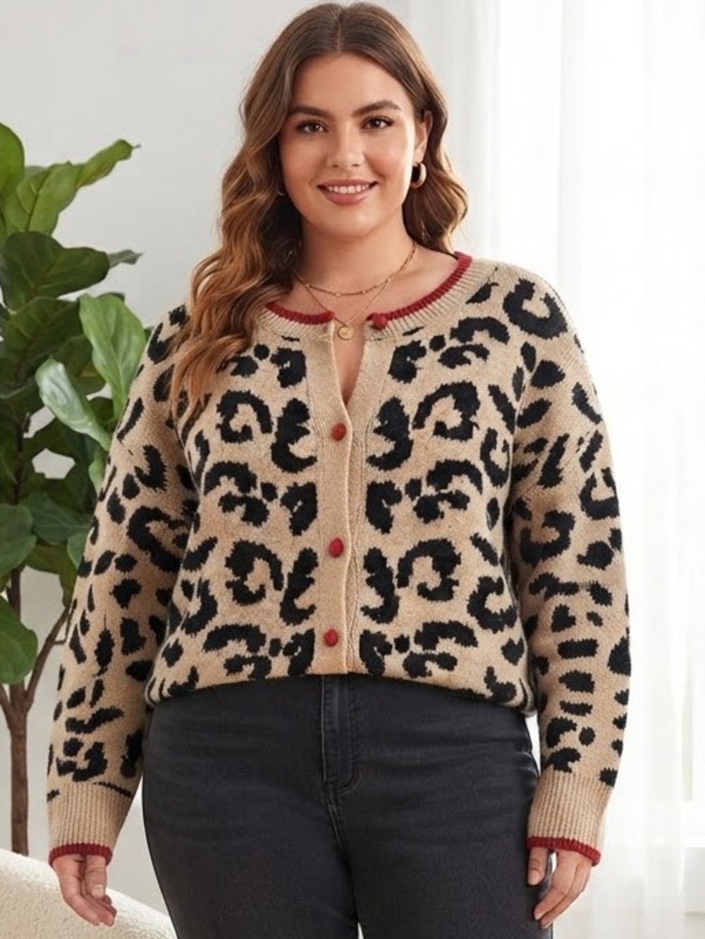 Beige Leopard Knit Cardigan with Red Trim - Women Sweater